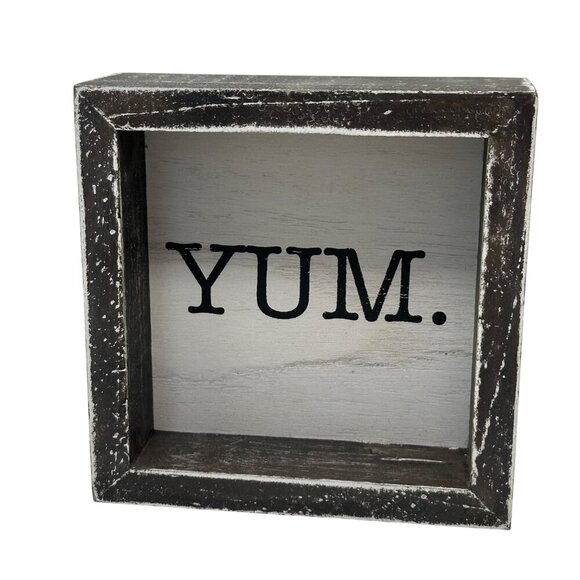 Rustic Yum Block Sign 5in Free Standing Distressed White Brown Kitchen Decor - Picture 1 of 8